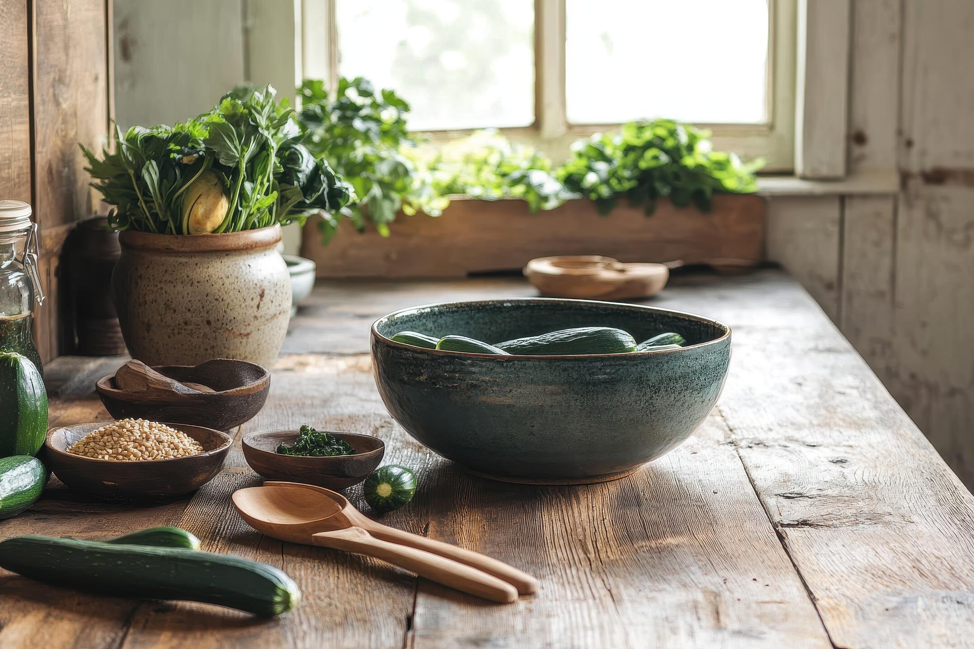 Rustic kitchen counter with herbs and bowl