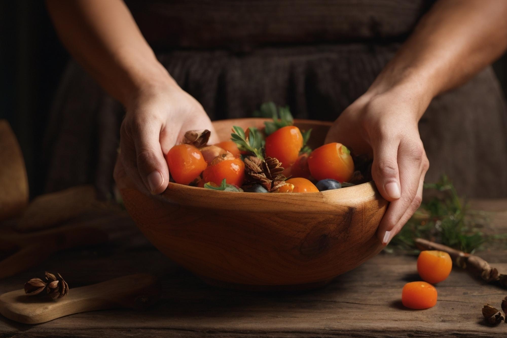 Chef arranging a simple seasonal bowl on a wooden table